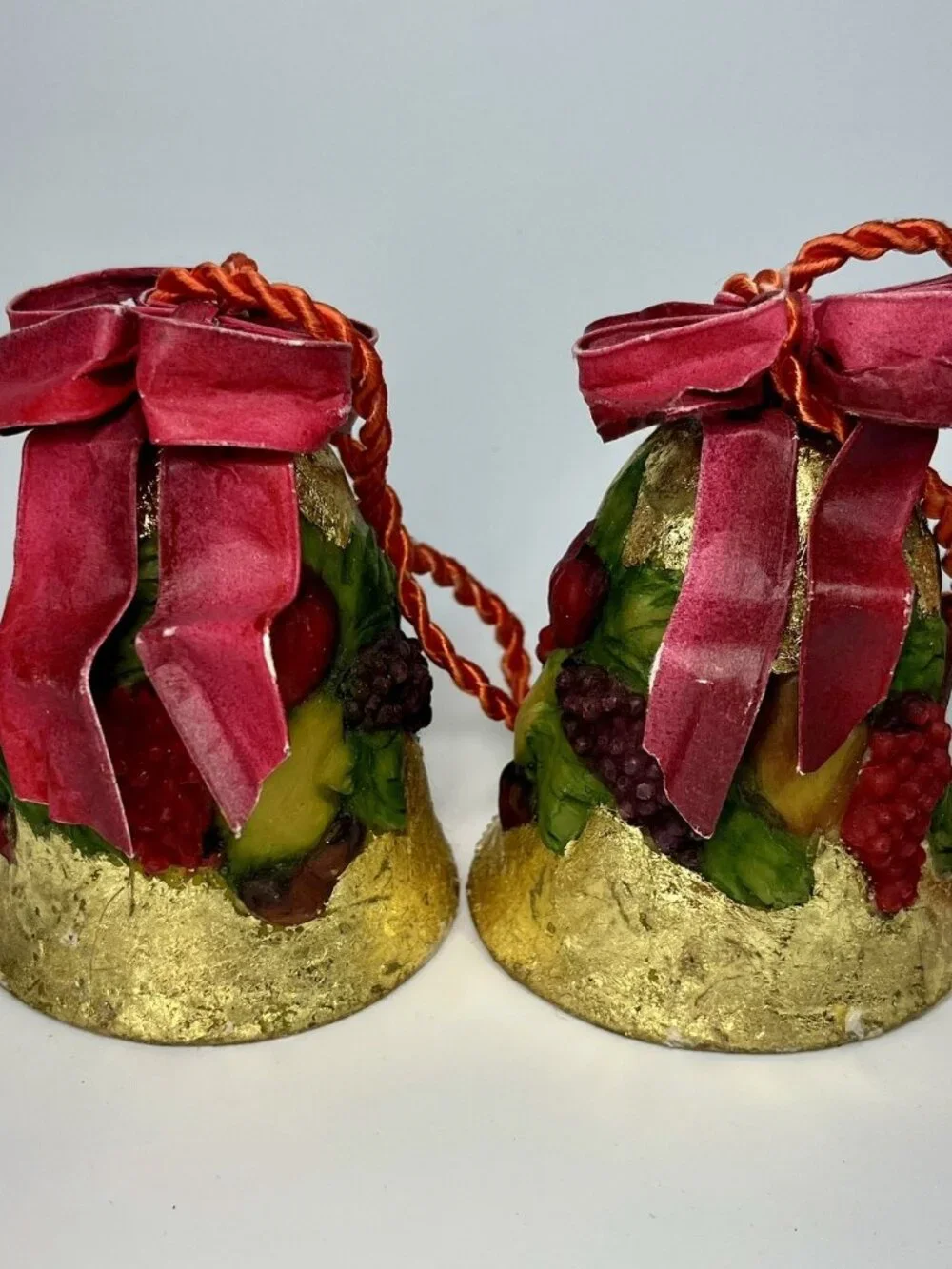 Dept 56 Gold Foil Bells RaisedFruit Design OrnamentWired Ribbon HTF Set Of 4